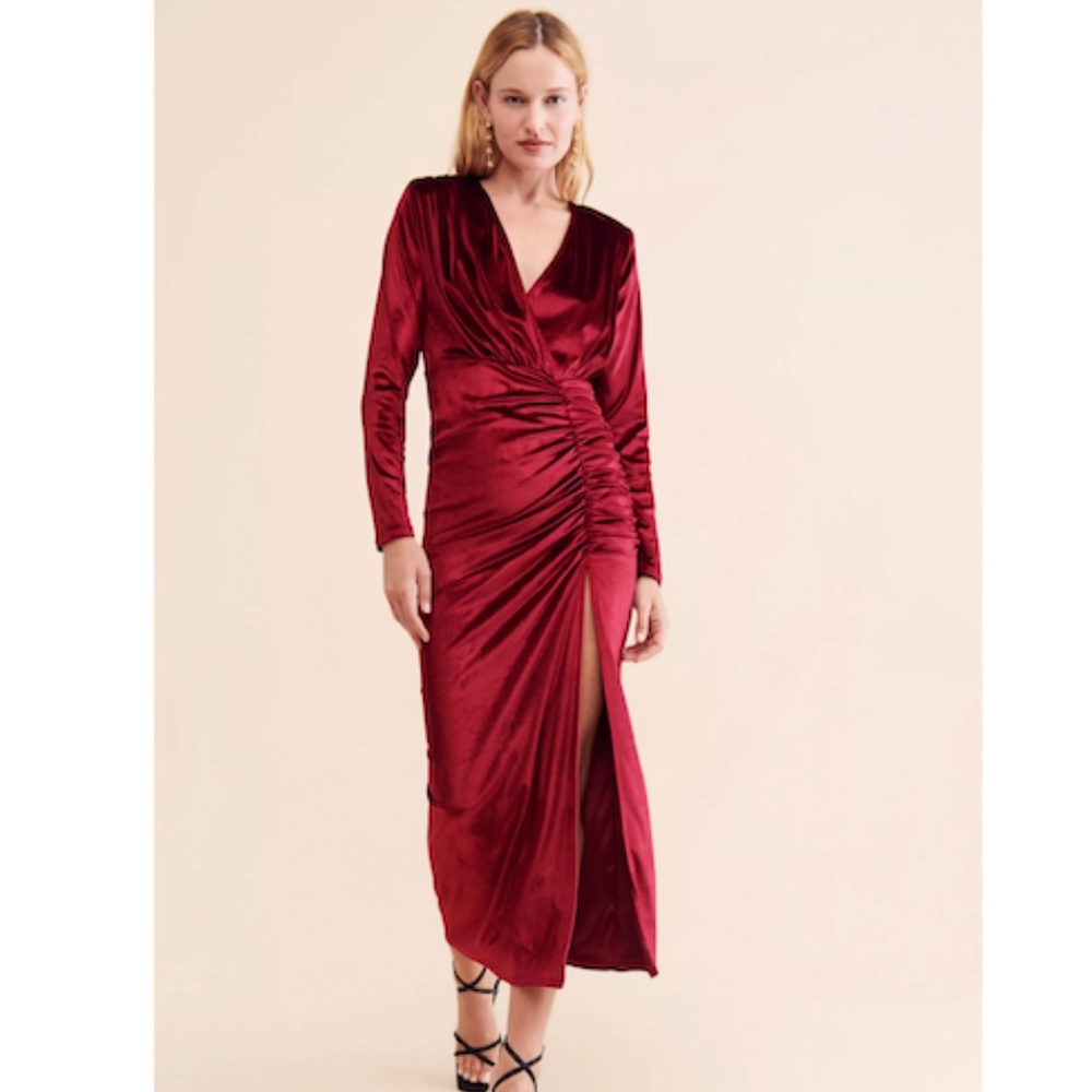 Red Let Me Be Mia Velvet Ruched Maxi Dress small